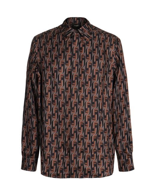 Fendi Brown Printed Silk Shirt for men