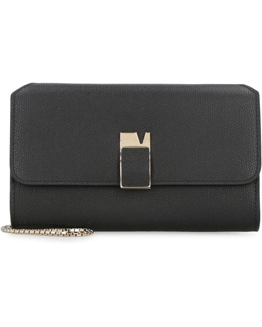 Valextra Black Nolo Leather Wallet On Chain