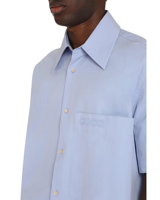 Gucci Blue Short Sleeve Cotton Shirt With Front Pocket And Side Slits for men