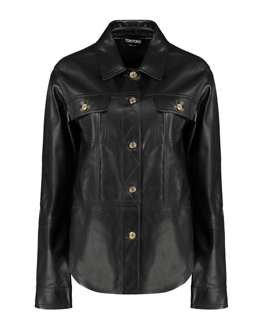 Tom Ford Black Leather Overshirt With Rounded Hem