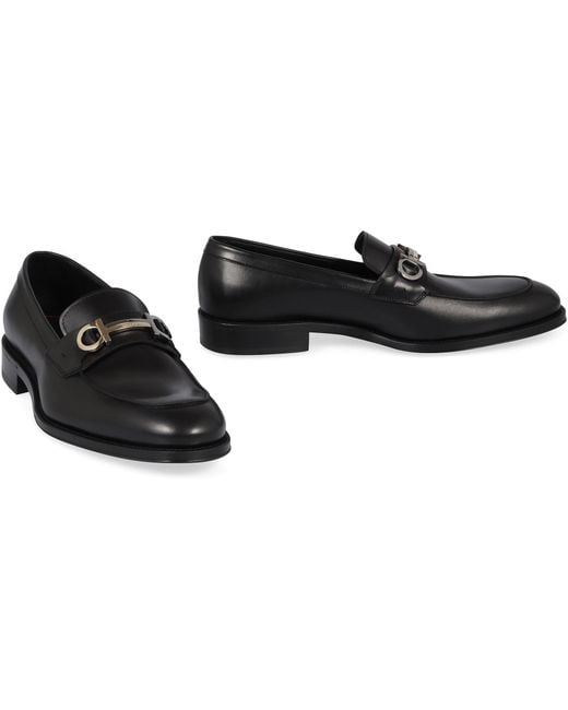 Ferragamo Black Gancini-Plaque Almond-Toe Loafers for men