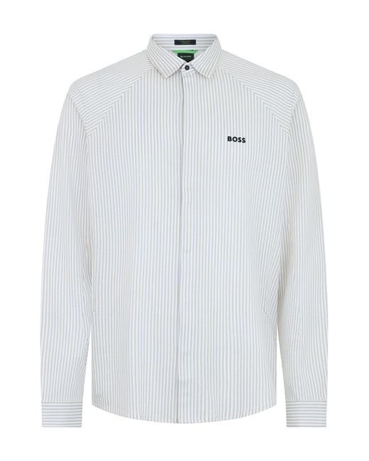 Boss White Cotton Elastic Striped Shirt for men
