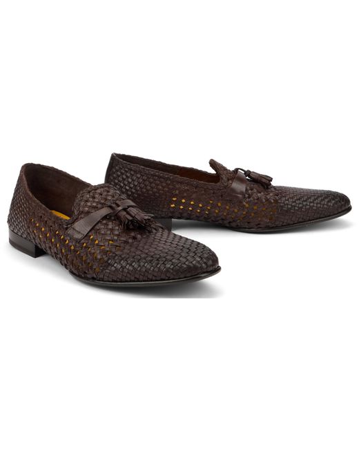Doucal's Brown Woven Leather Moccasins for men