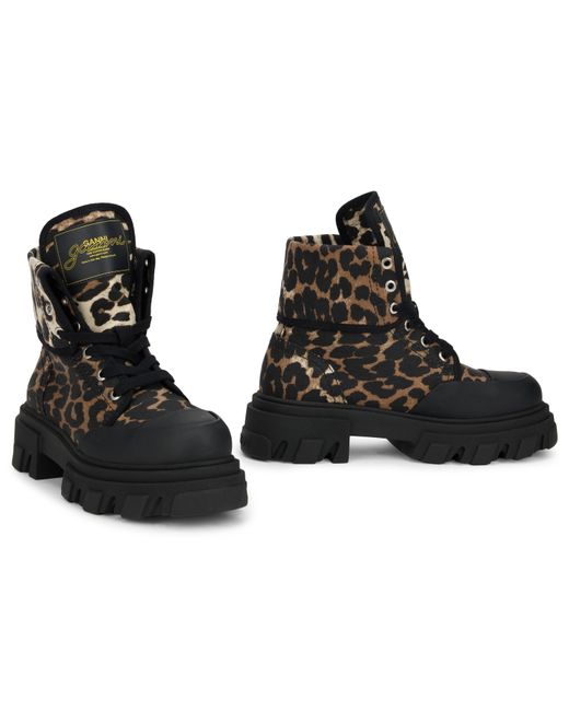 Ganni Black Leopard Print Ankle Boot With Sturdy Sole