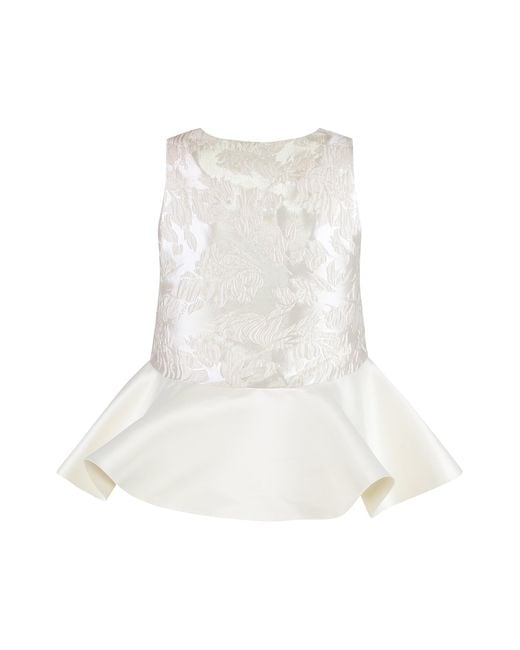 Ganni White Satin Top With Peplum And Cloque