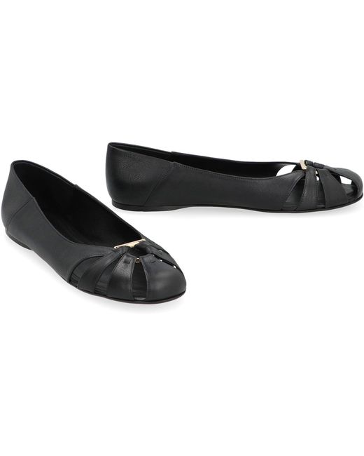 Ferragamo Black Elegant Leather Ballet Flats With Cut-Out Design