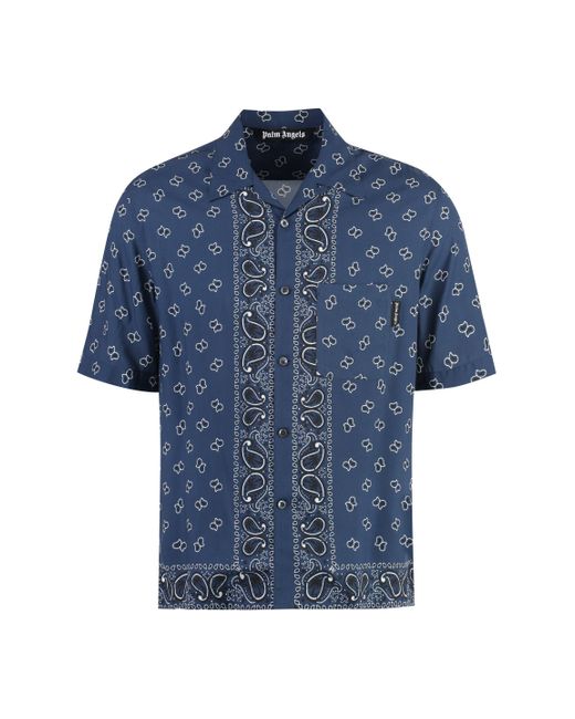 Palm Angels Blue Printed Short Sleeved Shirt for men