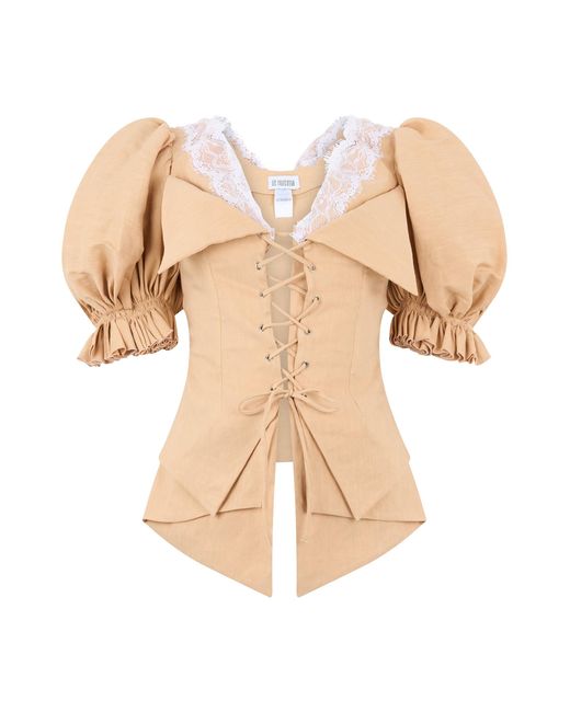 LES FILLES D'EVA Natural Stretch Linen Top With Puff Sleeves