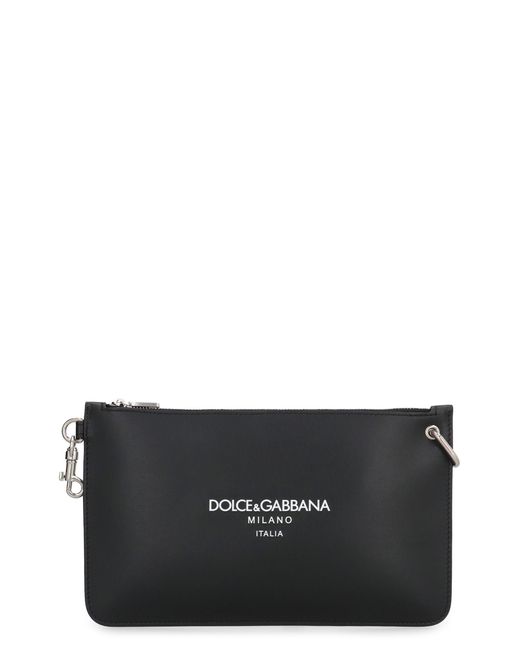 Dolce & Gabbana Black Premium Leather Flat Pouch Handbag for men