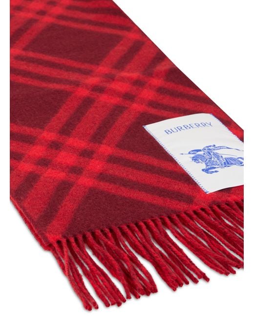 Burberry Red Cashmere Plaid Scarf With Fringed Ends