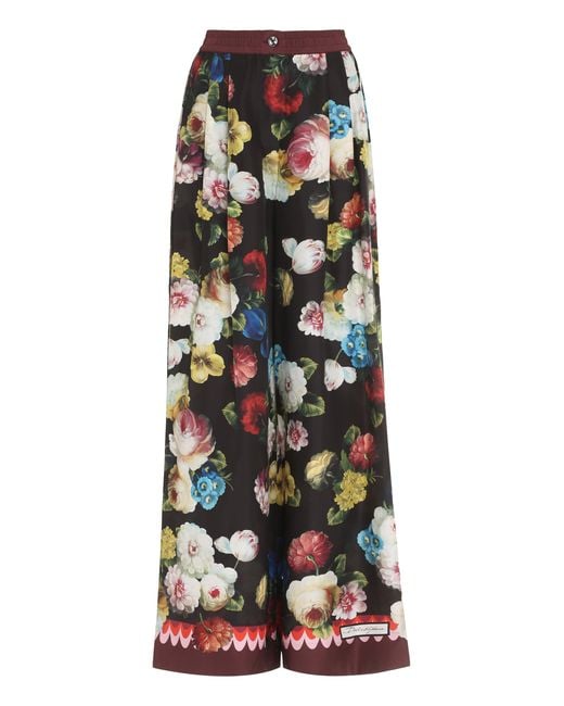 Dolce & Gabbana Black Floral-print Wide-leg Silk-satin Trousers