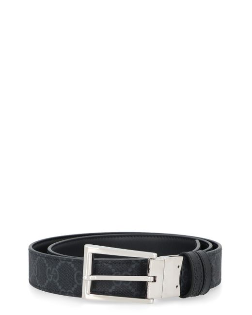 Gucci Black Leather And GG Supreme Fabric Reversible Belt for men