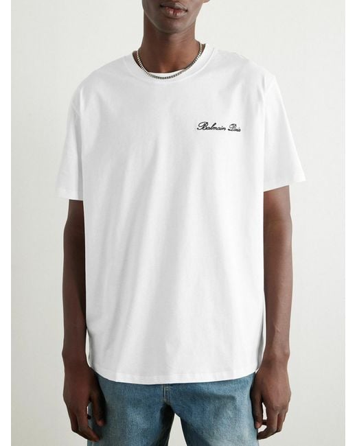 Balmain White Logo Embroidered Loose Fit T-Shirt for men