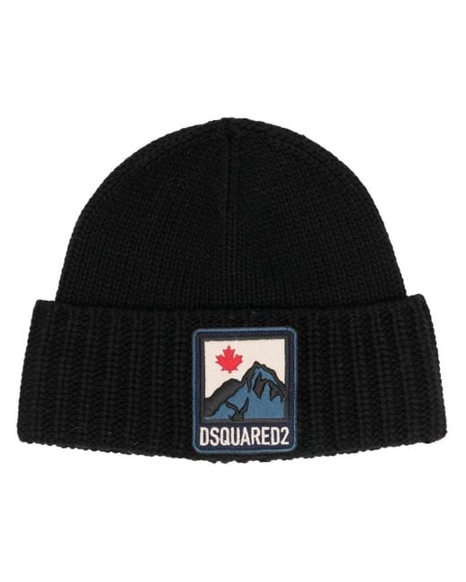 DSquared² Black Mountain Logo Patch Beanie for men