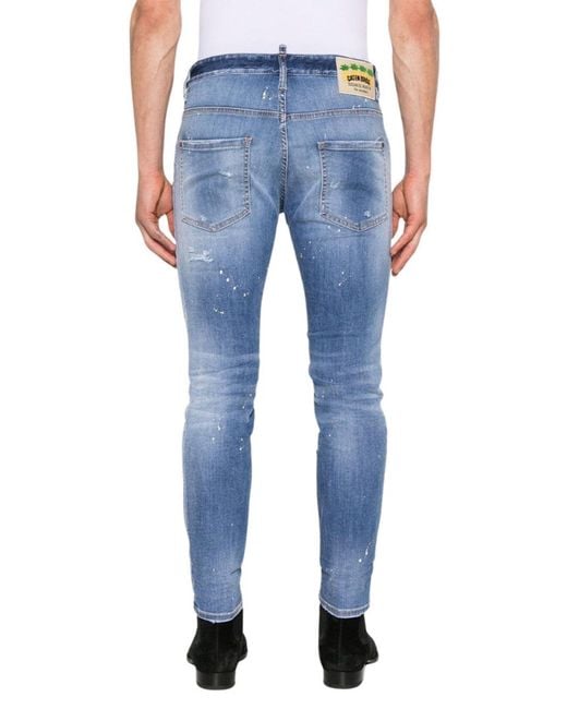 DSquared² Blue Distressed Paint Splatter Skater Jeans for men