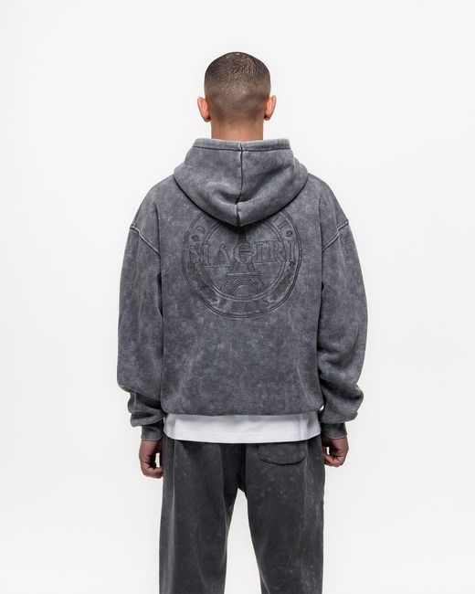 Magrit Gray Embroidered Acid Wash Hoodie for men