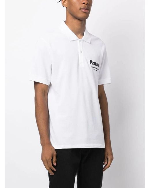 Alexander McQueen White Graffiti Embroidered Logo Polo Shirt for men