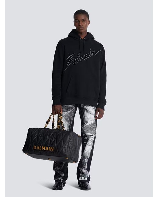 Balmain Blue Flocked Script Logo Hoodie for men