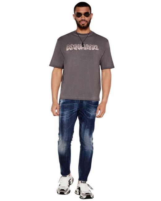 DSquared² Gray Loose Fit Fade Cartoon Logo T-Shirt for men
