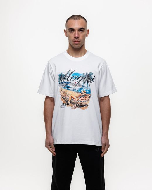 Magrit White Dream Beach Printed T-Shirt for men