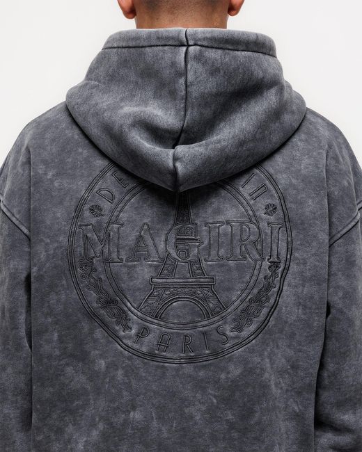 Magrit Gray Embroidered Acid Wash Hoodie for men