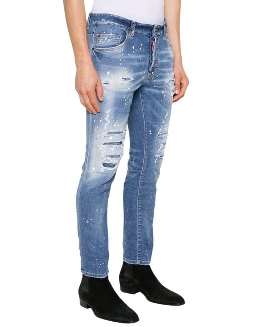 DSquared² Blue Distressed Paint Splatter Skater Jeans for men