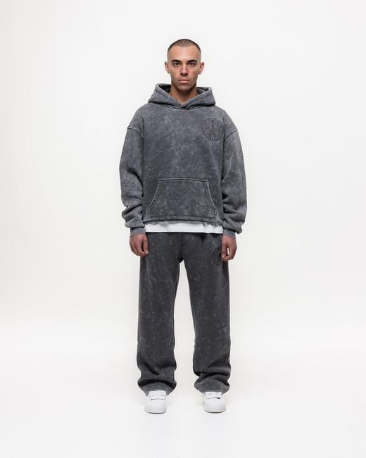Magrit Gray Embroidered Acid Wash Hoodie for men