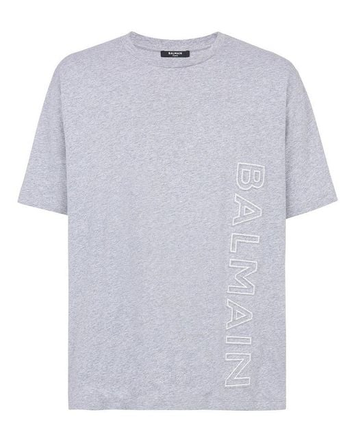 Balmain Gray Vertical Embossed Logo T-Shirt for men