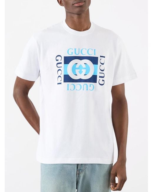 Gucci Blue Interlocking 'G' Logo T-Shirt for men