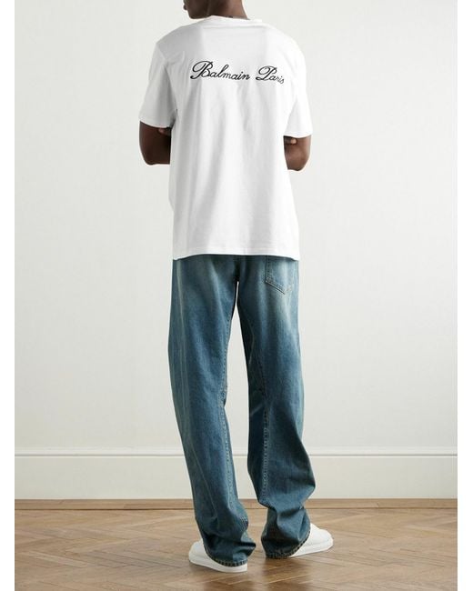 Balmain White Logo Embroidered Loose Fit T-Shirt for men