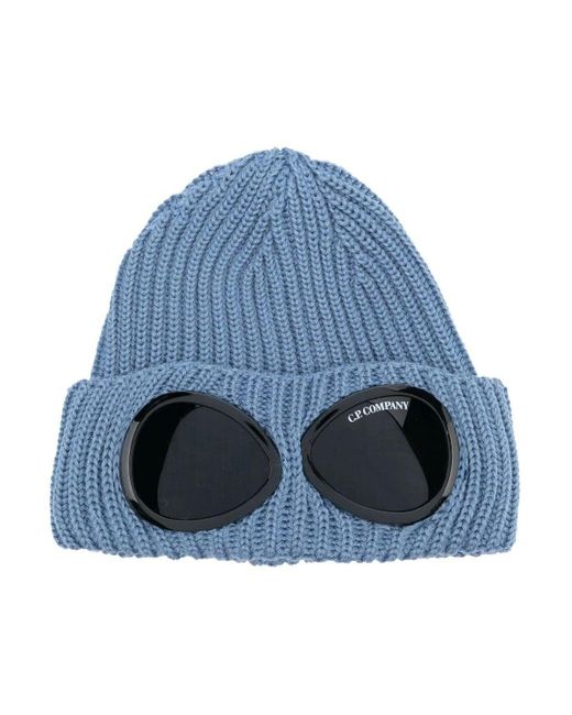 C P Company Blue Merino Wool Goggle Beanie for men