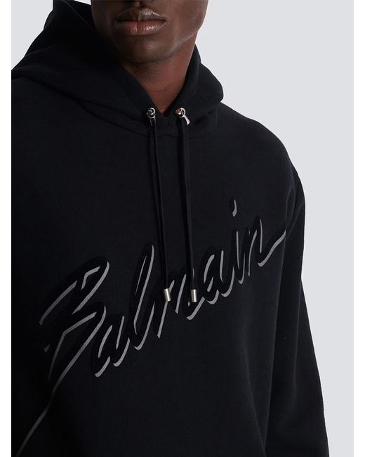 Balmain Blue Flocked Script Logo Hoodie for men