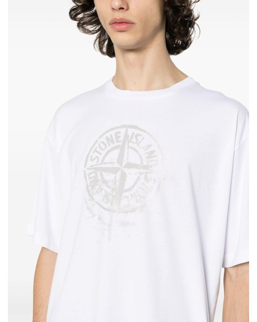Stone Island White Reflective One Compass Print Logo T-Shirt for men