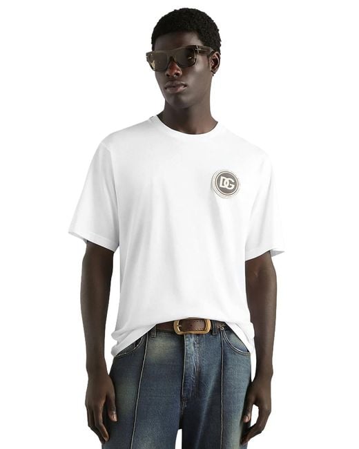 Dolce & Gabbana White Cotton Logo Patch T-Shirt for men