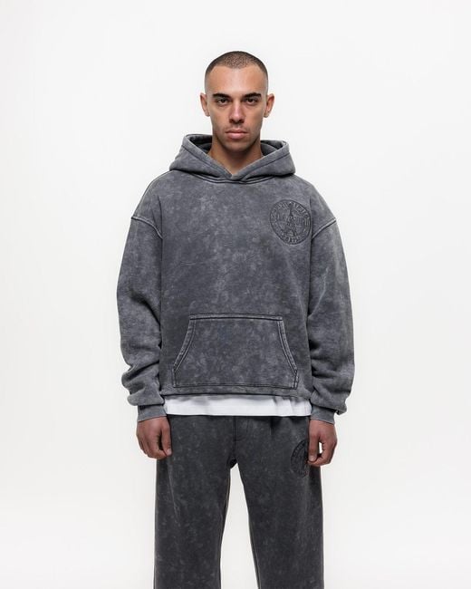 Magrit Gray Embroidered Acid Wash Hoodie for men
