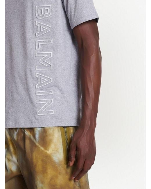 Balmain Gray Vertical Embossed Logo T-Shirt for men