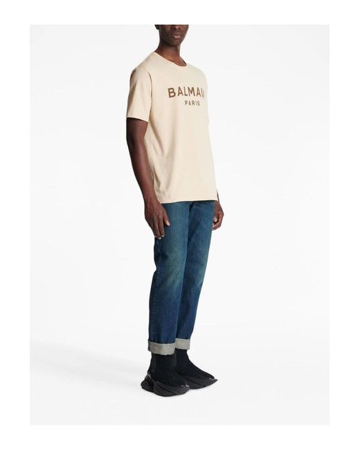 Balmain Natural Straight Fit Printed Tee Stone for men