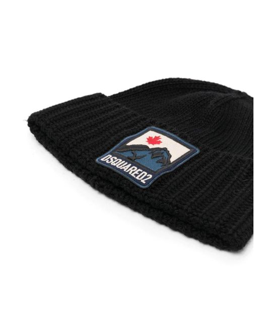 DSquared² Black Mountain Logo Patch Beanie for men