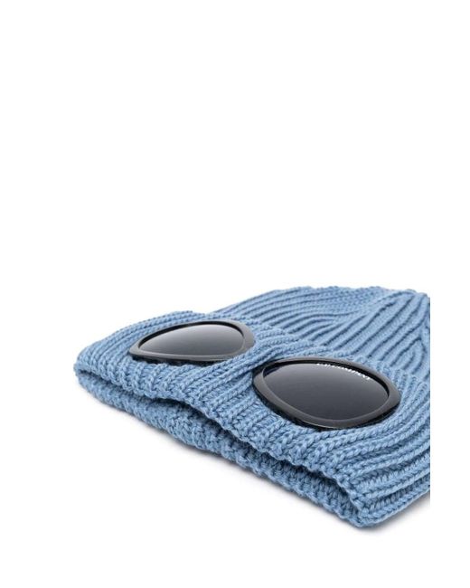 C P Company Blue Merino Wool Goggle Beanie for men