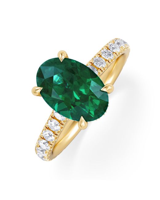 The Diamond Store Green Amora Gem 2.00Ct Oval Cut Lab Emerald Hidden Halo Engagement Ring With Side Stones