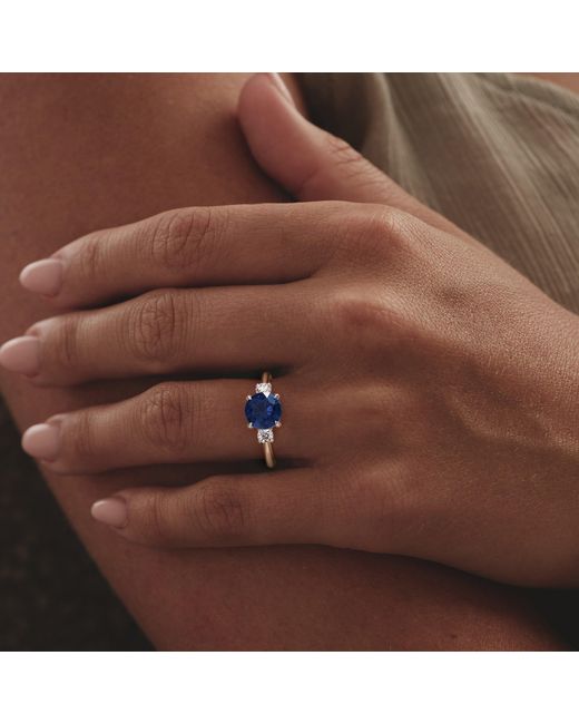 The Diamond Store Blue Solene 2.00Ct Round Cut Lab Sapphire And Lab Diamond 3 Stone Engagement Ring