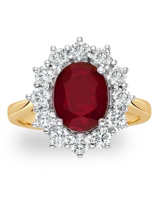 The Diamond Store Red Ruby 2.40Ct And Lab Diamond 1.00Ct Cluster Ring