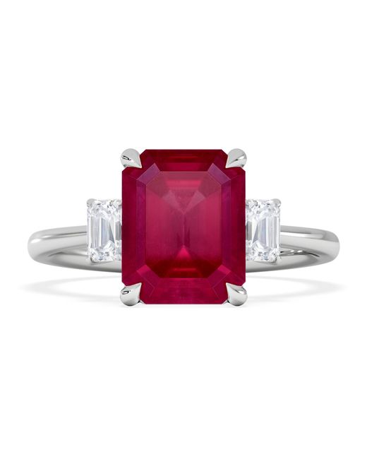 The Diamond Store Red Solene 2.50Ct Emerald Cut Lab Ruby And Lab Diamond 3 Stone Engagement Ring