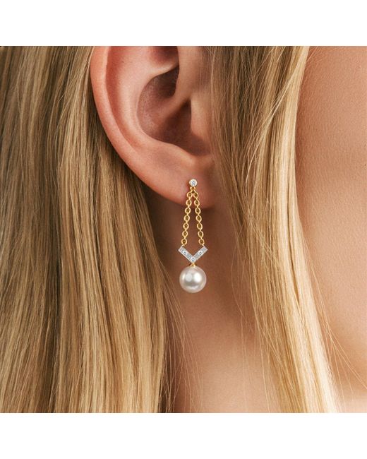 The Diamond Store Metallic Eden 7.5Mm Round Pearl And Lab Diamond Drop Earrings