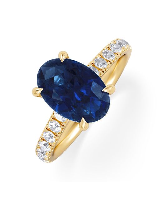 The Diamond Store Blue Amora Gem 2.00Ct Oval Cut Lab Sapphire Hidden Halo Engagement Ring With Side Stones