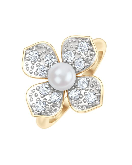 The Diamond Store Metallic Eden 3Mm Round Pearl And Lab Diamond Floral Ring