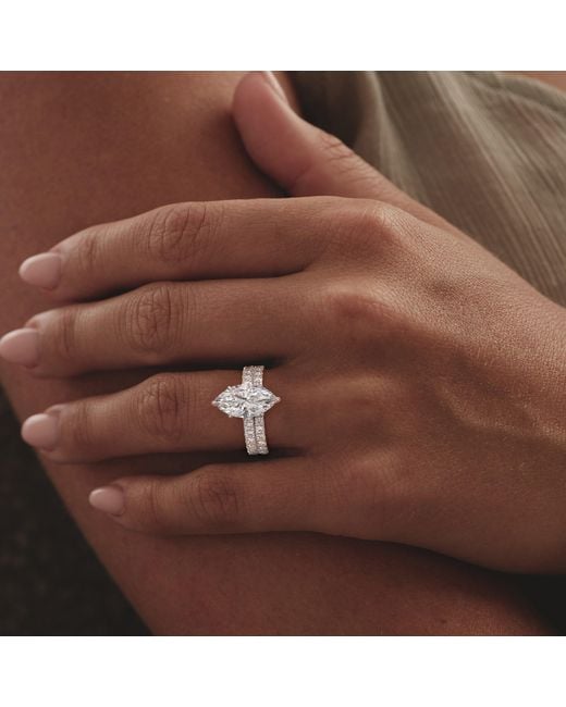 The Diamond Store White Amora Marquise 3.36Ct Hidden Halo Lab Diamond Engagement Ring With Side Stones Set