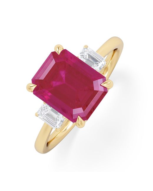 The Diamond Store Pink Solene 2.50Ct Emerald Cut Lab Ruby And Lab Diamond 3 Stone Engagement Ring