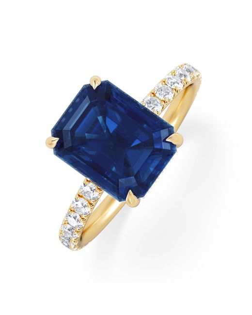 The Diamond Store Blue Amora Gem 2.50Ct Emerald Cut Lab Sapphire Hidden Halo Engagement Ring With Side Stones