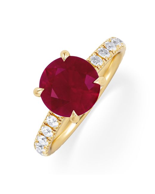 The Diamond Store Red Amora Gem 2.00Ct Round Cut Lab Ruby Hidden Halo Engagement Ring With Side Stones